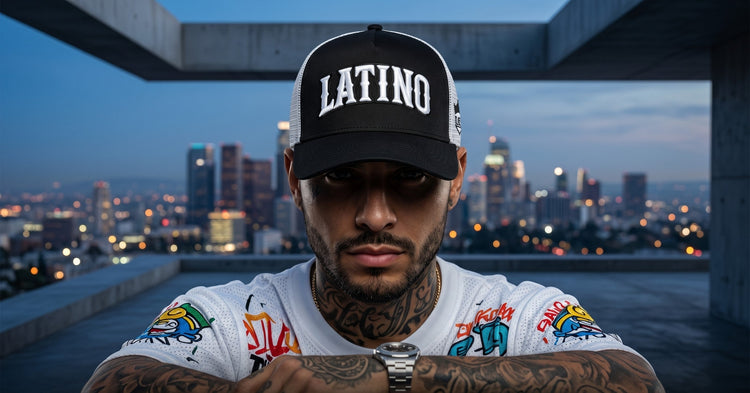 Gorra trucker negra Latino Street Style sostenida en la mano, banner The Roots