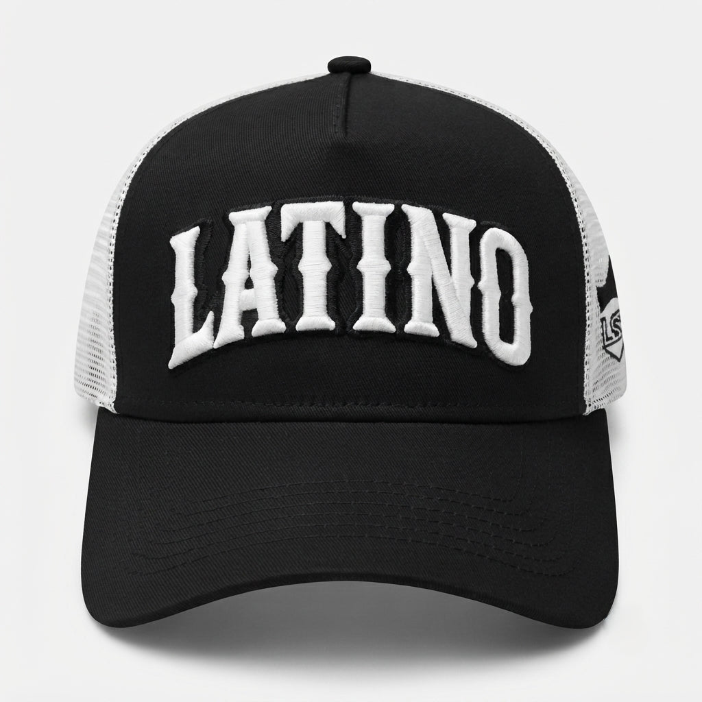 Gorra trucker negra Latino Street Style Black Noir Obsidian, vista lateral con panel de malla